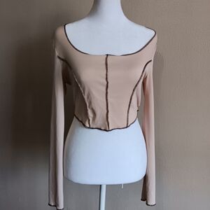 Small Boho Peasant Long Sleeve Crop Top, Tight Stretchy, Tan Cream, Milkmaid